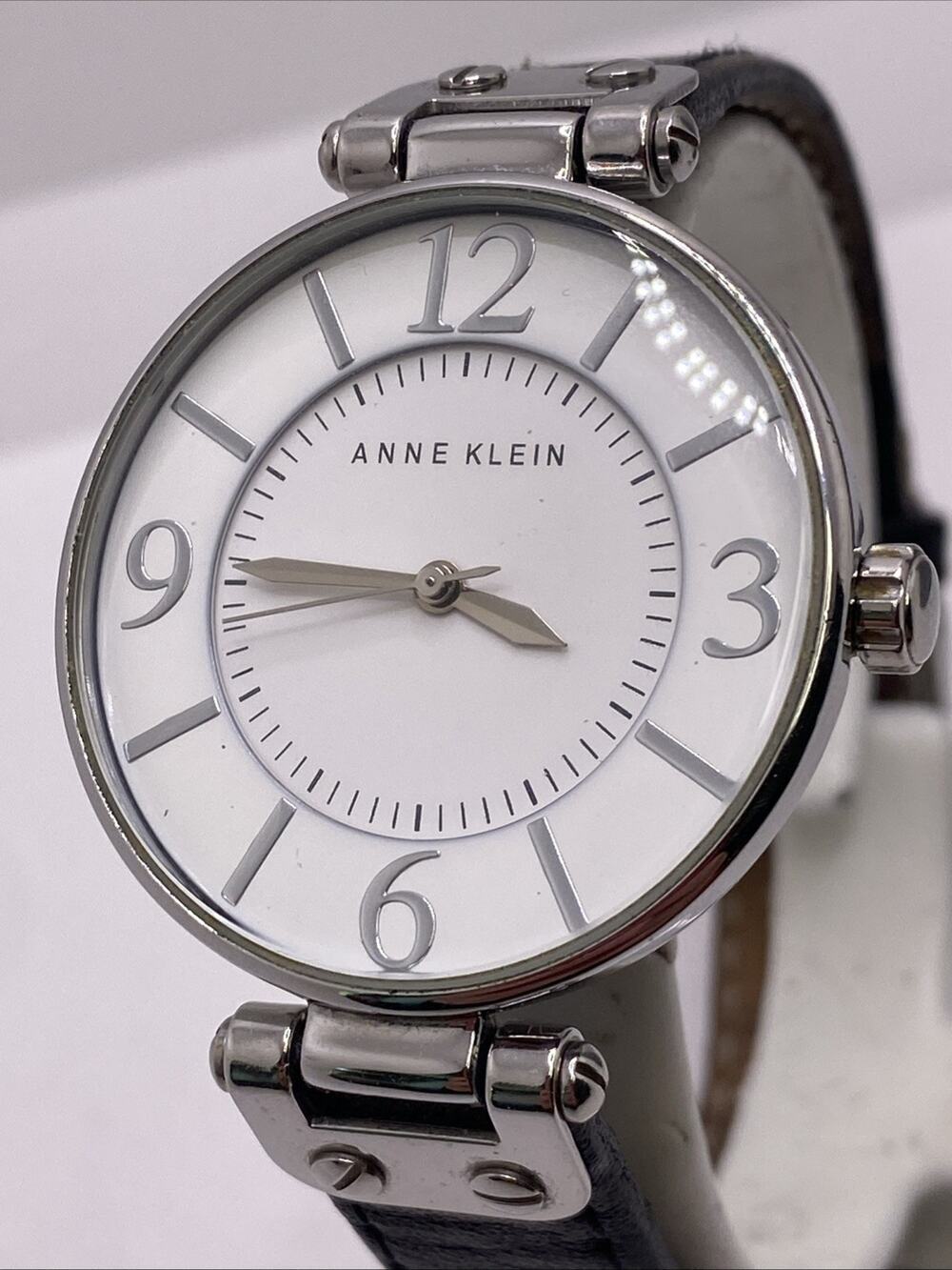 Anne Klein Womens Silver Black Band Watch New Battery